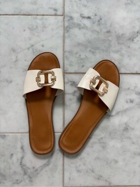 Yellow | Belize Leather Slide Sandals with Gold Chain Accent in White | Size 38